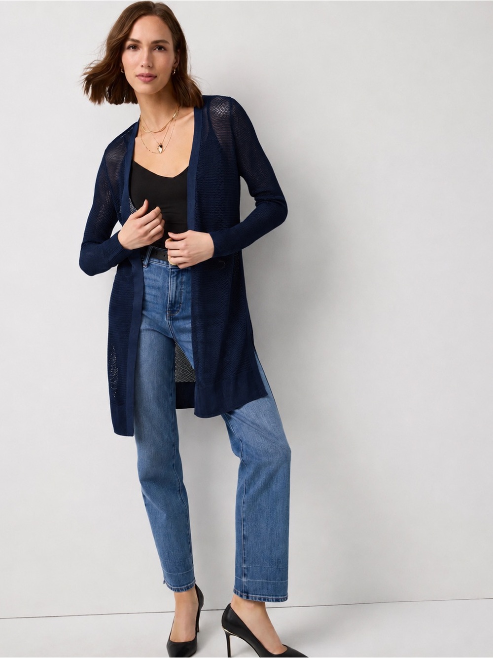 White House Black Market Navy Blue Sheer Open Front Lightweight Cardigan Sweater